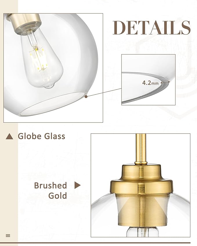 8 inch Modern Gold Pendant Light Fixtures, Mid Century Globe Pendant Lights with Clear Glass, 1 Light Hanging Lights for Kitchen Island, Bathroom, Dining Room (1 Pack), PL101BG-L