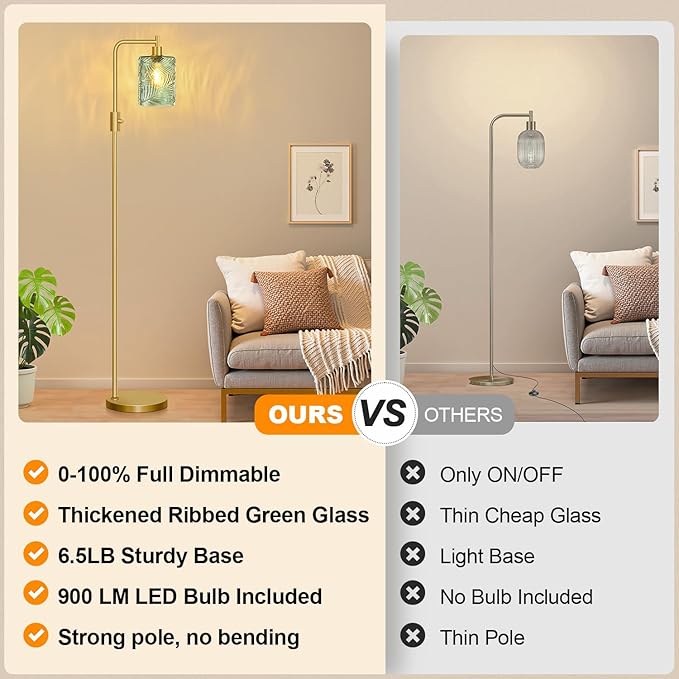 【Upgraded】 Dimmable Glass Floor Lamp for Living Room, Modern Gold Standing Lamp with Green Feather Glass Lampshade & Knob Dimmer, Arc Tall Lamp for Bedroom Office Reading Room, 2700K Led Bulb Included