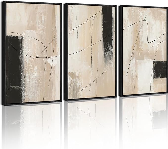 KUVIOKE Abstract Framed Wall Art Minimalist Beige Pastel Watercolor Neutral Wall Decor Modern Black Line Art Painting Home Decor 16x24in (Black Framed)