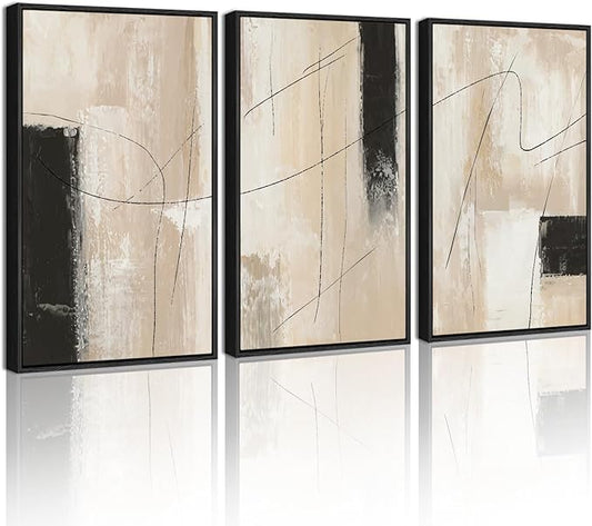 KUVIOKE Abstract Framed Wall Art Minimalist Beige Pastel Watercolor Neutral Wall Decor Modern Black Line Art Painting Home Decor 16x24in (Black Framed)
