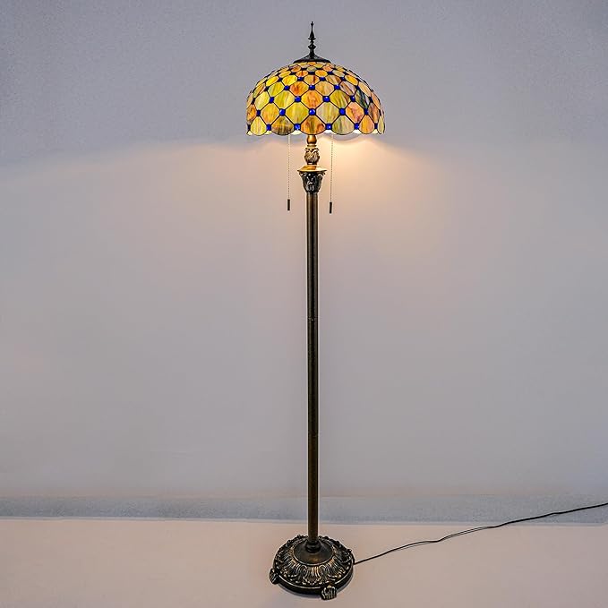 Tiffany Floor Lamp Stained Glass Pearls Beads Standing Reading Light 16x16x64 Inch Retro Inspired Pole Corner Lighting Art Decor for Bedroom Living Room Home Office (Gradient Green)