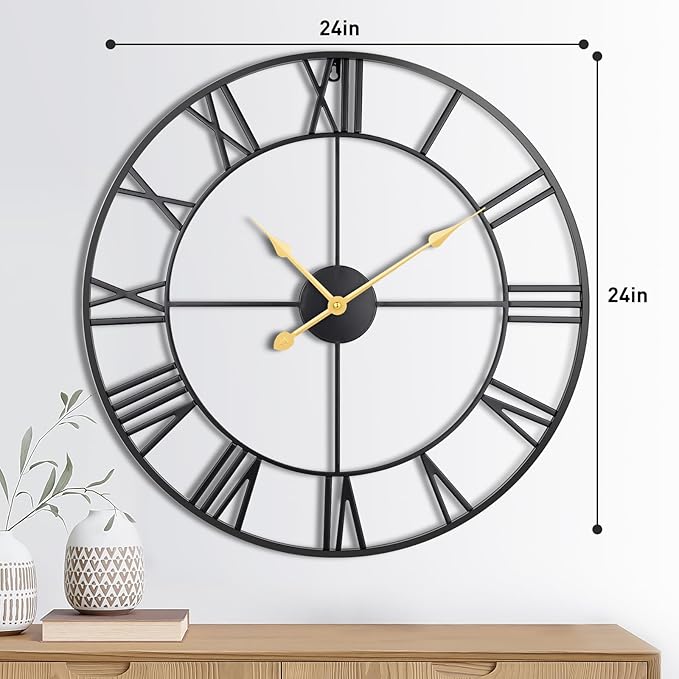 Large Wall Clock, 24-Inch Roman Numeral Decorative Art,Completely Silent, Non Ticking, Battery-Operated Metal Wall Clock for Living Room, Bedroom and Kitchen-Black&Gold Hands