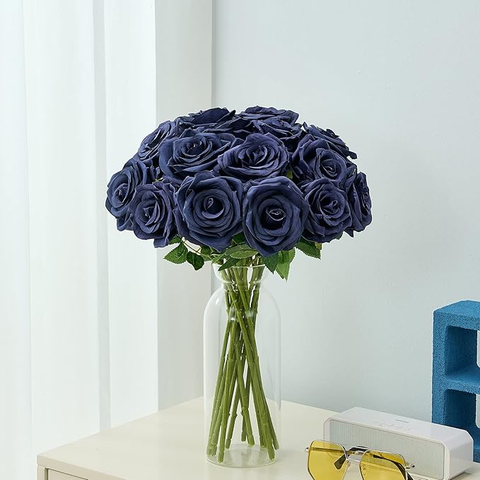 Artificial Navy Blue Flowers Silk Roses Long Stems Fake Bridal Wedding Bouquet for Home Garden Party Floral Decor 15pcs(VASE is NOT Included)
