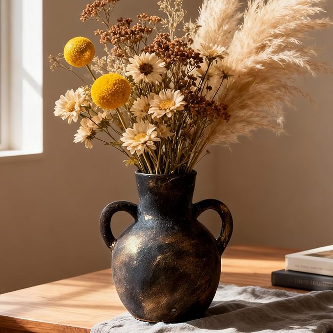 Rustic Ceramic Farmhouse Flower Vase with 2 Handles, Whitewashed Terra Cotta Vase, Decorative Pottery Flower for Home Decor, Table, Living Room, Shelf Decor, 7.3 Inch, Bronze