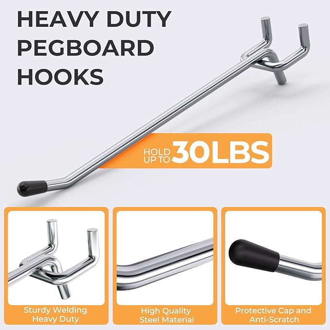INCLY 50 Pack 6 Inch Pegboard Hooks, 1/4" Heavy Duty Peg Board Hooks Accessories with Rubber Tipped, Peg Board Tool Hangers Fit 1/4" Pegboard for Hanging Tools Garage, Craft Room, Kitchen, Store