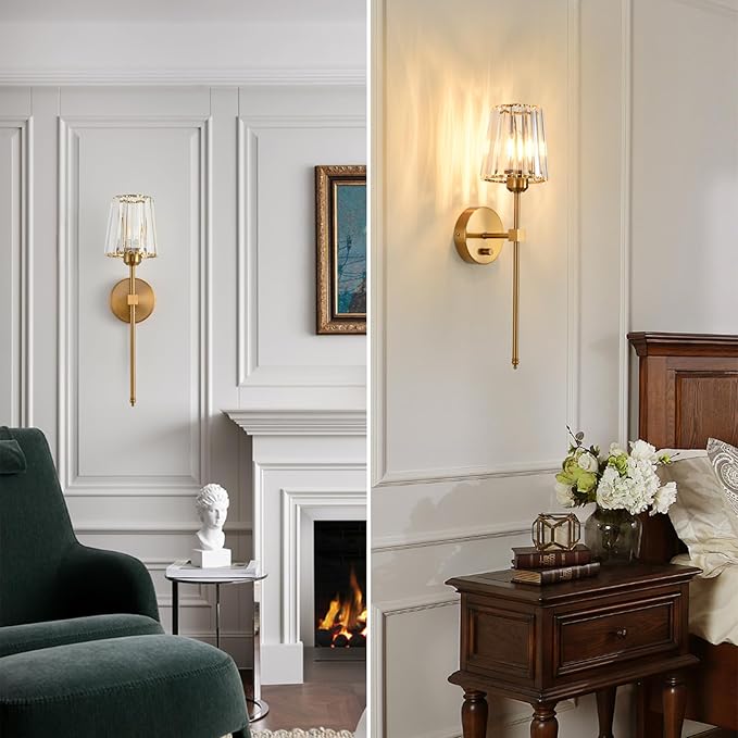 Crystal Wall Sconces Set of 2, Dimmable Wall Sconce with Plug in Cord and Dimmer Gold Plug in Wall Lamp Wall Mounted Light with Crystal Shade for Living Room Bedroom Vanity Light, Bulbs Included