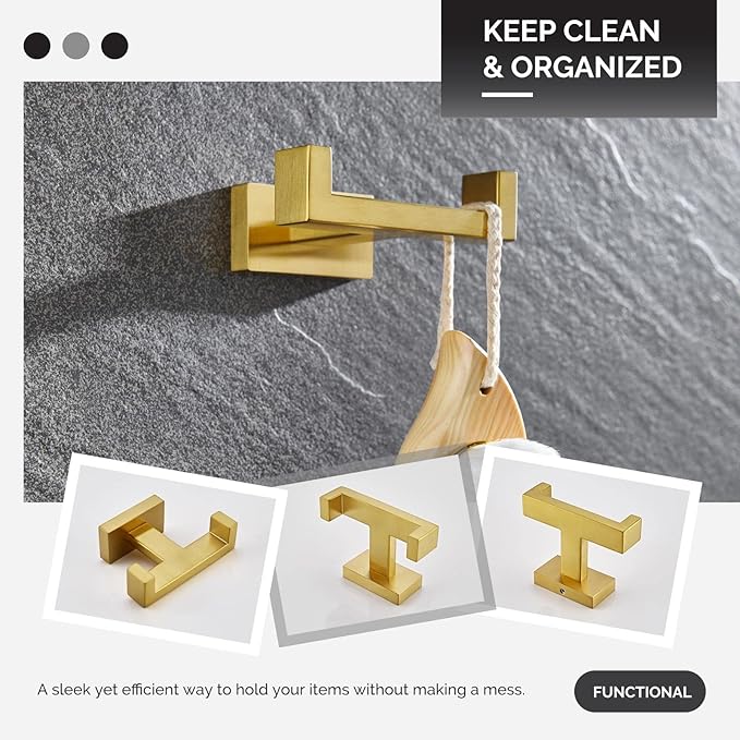 Angle Simple Towel Hook for Bathroom, SUS 304 Stainless Steel Hand Towel Holder, Double Robe Coat Hook for Wall, Brushed Gold