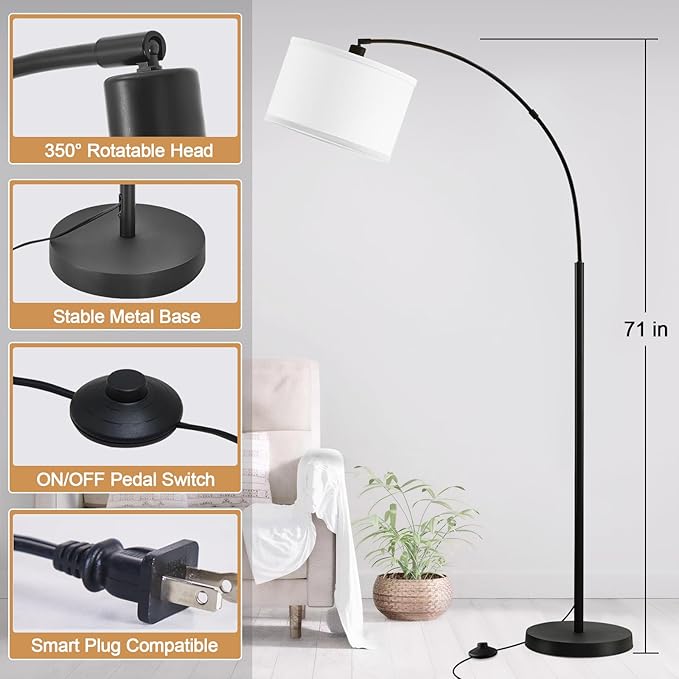Luvkczc 71" Arc Floor Lamp for Living Room with Adjustable Lamp Head, Black Pole Lamp with White Shade, Standing Lamp with Foot Switch, Over Couch Arched Reading Light for Bedroom, Office, Study Room