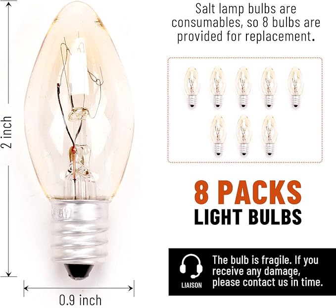 2 Pack Salt Lamp Cord Replacement with 2 Pack Wooden Tray and 8 Pack 15 Watts E12 Halogen Salt Lamp Bulbs
