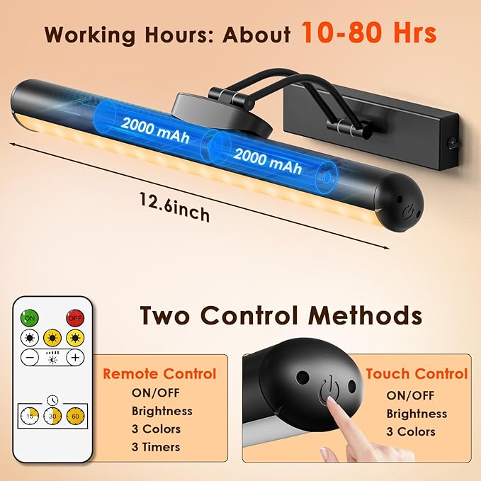 Picture Light for Wall with Remote, Wireless Battery Operated Wall Lights with 3 Colors Dimmable & Timer, 12.6" Rechargeable Metal Wall Sconce for Living Room, Artwork Gallery Display, Black 1Pack