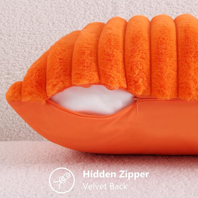 decorUhome Faux Fur Fall Throw Pillow Covers 24x24 Set of 2, Decorative Soft Plush Striped Neutral Couch Euro Pillow Covers with Velvet Back for Sofa, Bed, Living Room Home Decor, Orange