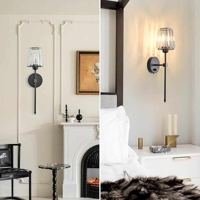 Crystal Wall Sconces Set of 2, Dimmable Wall Sconce with Plug in Cord and Dimmer Matte Black Plug in Wall Lamp Wall Mounted Light with Crystal Shade for Living Room Bedroom Vanity Light Bulbs Included