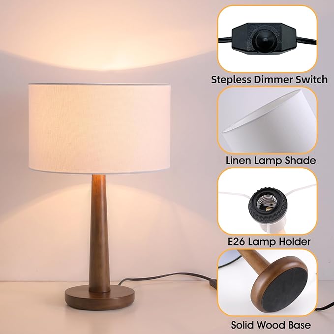 18.5" Tall Table Lamp for Living Room, Dimmable Modern Walnut Wood Desk Lamps for Bedroom, UL Listed Nightstand Lamp, End Table Lamps for Entryway, Console, Office, Dorm, White Line Shade