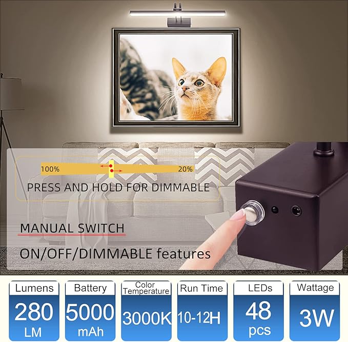 FUNCHDAY Picture Light Wireless, Rechargeable Battery Operated Painting Light with Remote, Dimmable 48 LED Art Lighting, 16" Picture Lights for Wall Paintings,Gallery Display,Dartboard (Dark Bronze)