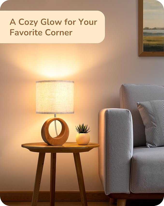 EDISHINE 13.4" Small Table Lamp, Wood Nightstand Lamp with Beige Linen Lampshade & ON-Off Switch, E26 Base, Boho Bedside Lamp for Living Room, Bedroom, Dark Pearwood