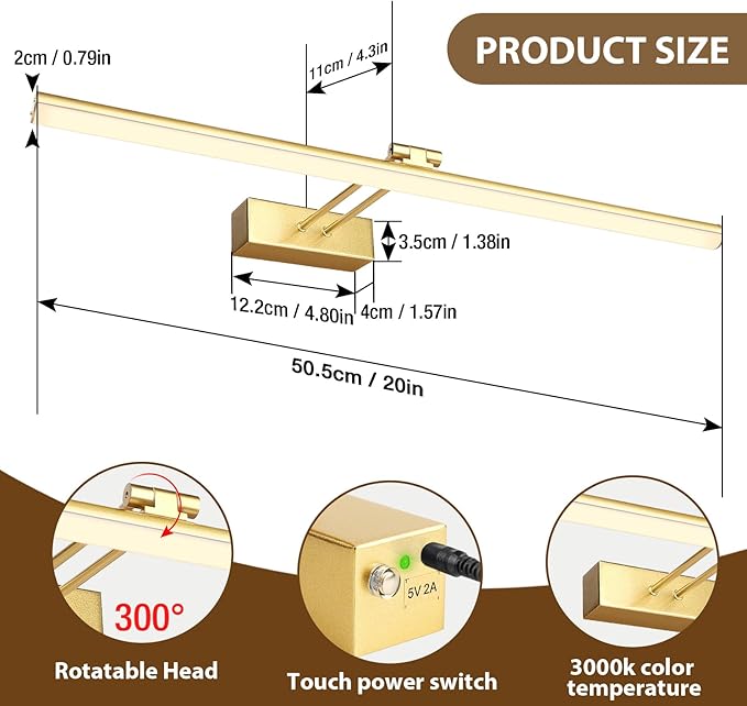 Picture Light, 20inches Dimmable LED Battery Operated Picture Light for Wall Art, Easy Installation, Gallery Lighting for Paintings & Artwork (Gold)