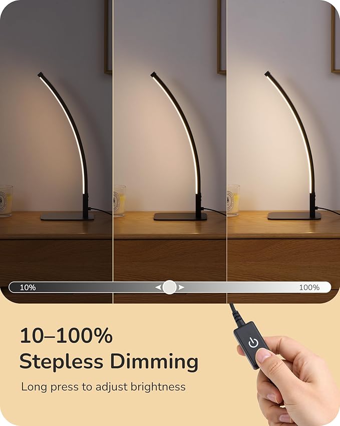 EDISHINE Curved LED Table Lamp, Modern Bedside Lamp with 3 Color Temperature & Stepless Dimming, Aluminum & Iron, Nightstand Lamp for Bedroom, Living Room, Black