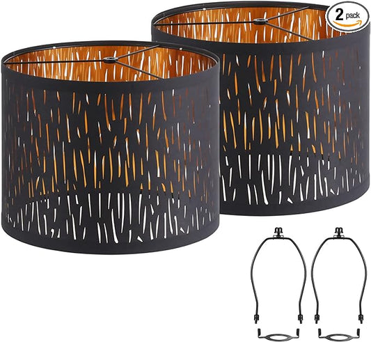 Black Lampshades Set of 2, Drum Lamp shade with Hollow-carved Design, 12.7" x 12.7" x 10 Inches Lampshades for Table Lamp, Floor Lamp, Pendant Light, Lamp Shade Harp Holder Included