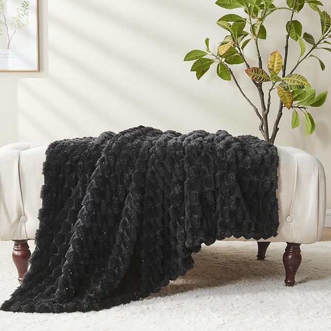 NEWCOSPLAY Super Soft Throw Blanket Black Premium Silky Flannel Fleece 3D Clouds Stylish Jacquard Lightweight Bed Blanket All Season Use 350GSM (Black, Throw(50"x60"))