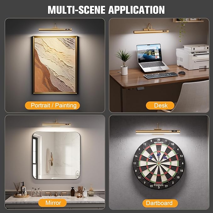 15.7'' Picture Lights for Wall with Motion Sensor, 9000mAh Rechargeable Battery Operated Poster Lights for Paintings, Portraits, Wall Decor, Gold