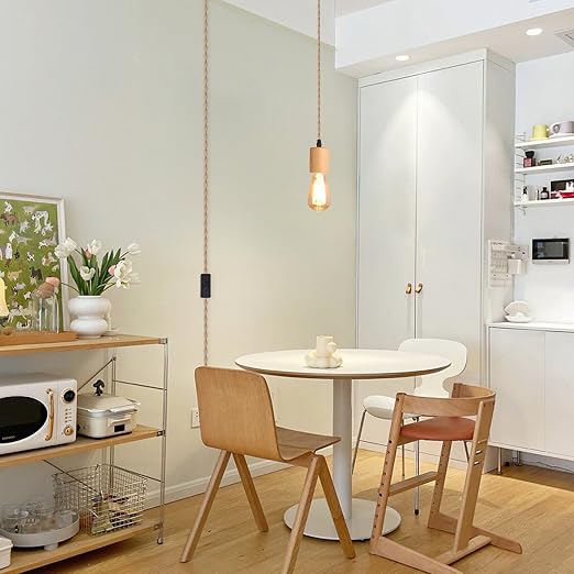 Arturesthome Wood Pendant Light Cord Kit with Switch, 9.8FT Vintage Industrial Hanging Light Plug in Lamp Cord with Twisted Nylon Rope Lights Socket E26 E27 for Farmhouse Lamp Cable Retro DIY