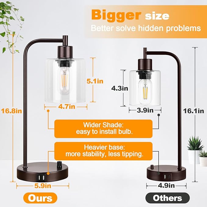 Brown Industrial Table Lamp with 2 USB Charging Ports, Fully Stepless Dimmable Modern Nightstand Lamp, Glass Shade Bedside Desk Lamp for Bedroom Living Room Office, 6W 2700K LED Edison Bulb Included