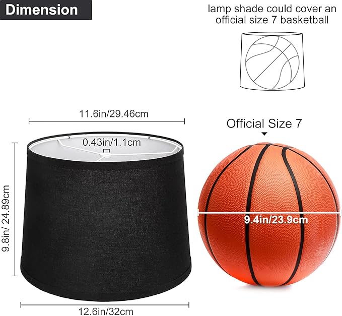 Lampshades Set of 2, Black Fabric Lamp Shades 11.6" Top x 12.6" Bottom x 9.8" High Drum Lampshades for Table Lamps, Floor Lamps, Pendant Light, E26 Base Harp Holders Included