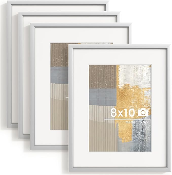 8x10 inch Metal Picture Frame - 8 x 10 Thin Aluminum Photo Frames with 5x7 Removable Mat - High Definition Plexiglass - Ideal for Wall or Tabletop Display - Wall Hook Hanging Hardware Included - Silver, Set of 4