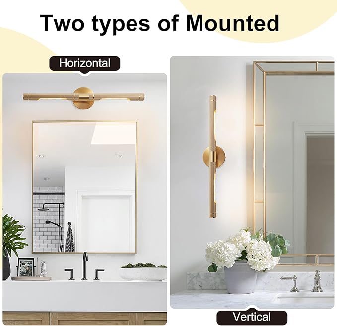 Brass Wall Lights for Pictures,23.6in Hardwired Gold Knurled Brushed Wall Picture Light,Rotatable 360° Modern Gallery Light for Bedroom Bathroom Vanity Mirror Study Room, E12 Bulbs Included