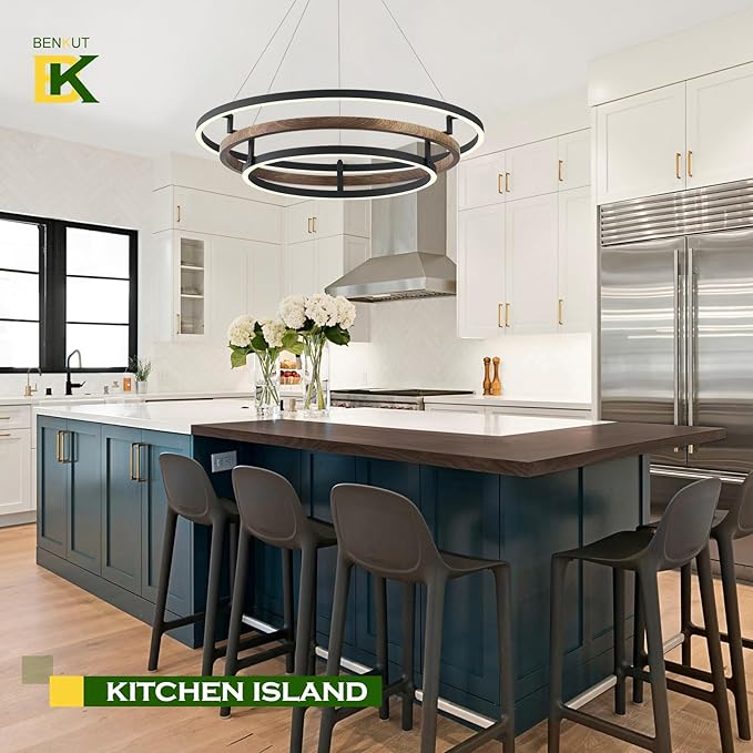 3 Rings Modern LED Chandelier Black Dimmable Circular Pendant Light for Dining Room, Foyer Chandelier with Remote Control Flush Mount High Ceiling Light for Kitchen Living Room, D30.7In