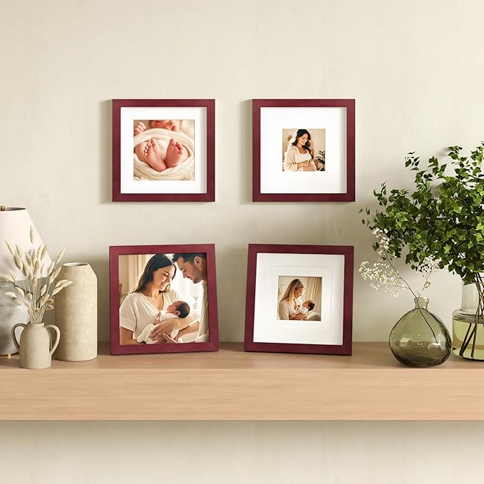 Egofine 8x8 Picture Frames 4 Pack for Picture 4x4 with Mat or 8x8 whitout Mat Made of Solid Wood Covered by Plexiglass for Table Top Display and Wall Mounting Photo Frame, Cherry Red