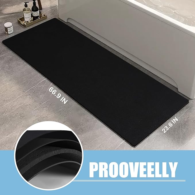 Extra Long Bathroom Rugs Diatomaceous Earth Bath mat Super Absorbent Quick Dry Non Slip Bath Mat Thin Runner Rug Fit Under Door-Shower Rug for in Front of Bathtub Shower, Black, 23.6"x66.9"