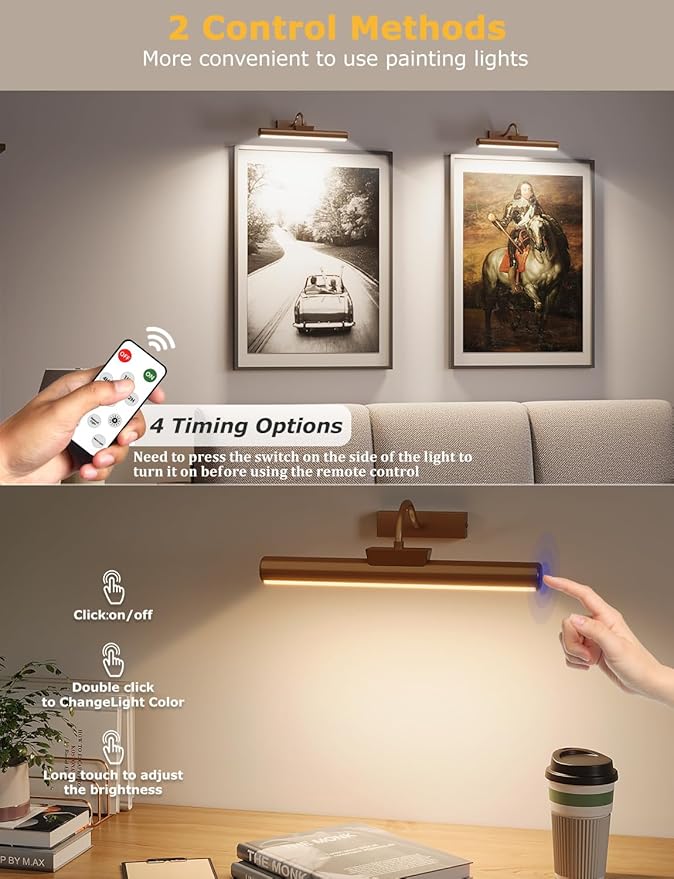 Picture Light Battery Operated, 13in Wireless Art Light for Paintings, Dimmable 5000mAh Recharging Battery Picture Light with Remote Control for Wall, Gallery Dartboard (Orange Copper -2Pack)