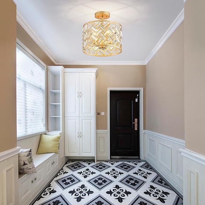 Shrine Lighting Crystal Ceiling Light, Gold Crystal Chandelier for Living Room, D12'' x H11.2'', E12*3 Sockets, Ctystal Lampshade & Gold Finish Frame