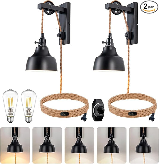 8FT Dimmable Plug in Wall Sconces Pulley Wall Lamps Vintage Hanging Light Fixture Wall Lights with Plug in Dimmable Switch Set of Two Black Wall Lamp for Bedroom, Living Room and Hotel