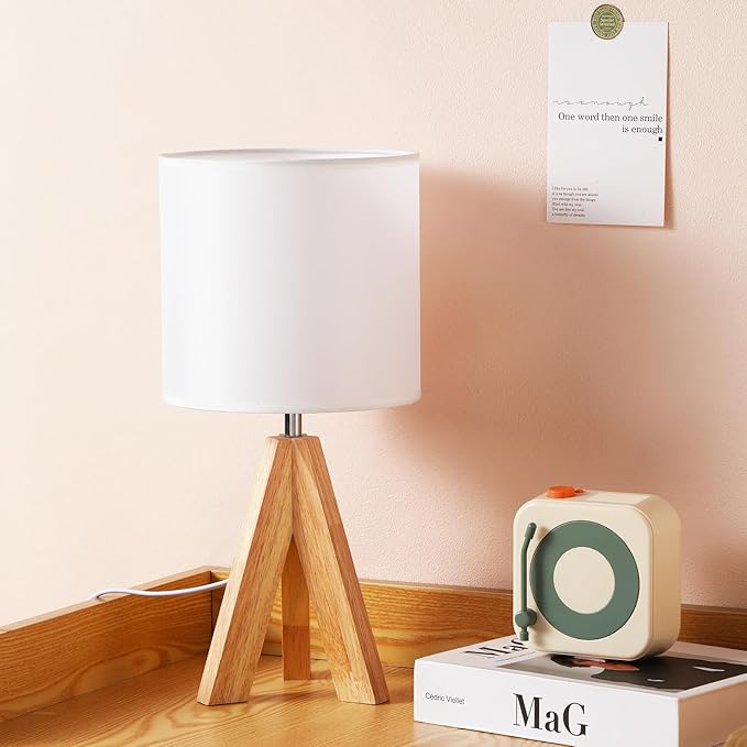 Table Lamp,Small Tripod Desk Lamp with Linen Fabric Lampshade,14.9",Tri-Color 5W Wooden Table Lamp for Living Room,Kids Room,Nursery (White)