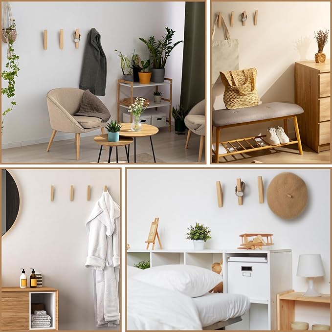 4 Pack Wood Wall Hooks Natural Wooden Coat Hooks Hat Hooks No Damage for Hanging Towels Clothes Adhesive Modern Home Decorative Gift (Triangles Beech)