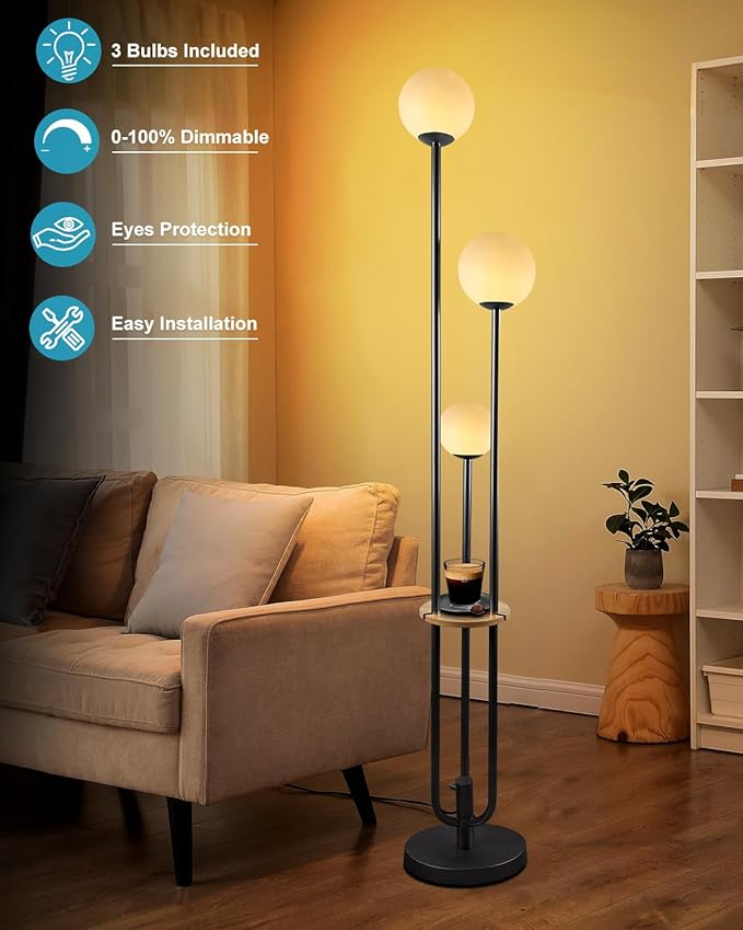 63IN Dimmable Floor Lamp with Shelf, Unique Globe Black Tall Standing Lamps Candle Holder Style, 3000K Warmwhite Mid Century Modern Floor Lamp for Living Room Home Office(Bulbs Included)