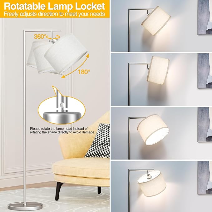 Floor Lamp for Living Room with 3 Color Temperatures Standing Lamp with Adjustable Beige Linen Lampshade Tall Lamps for Bedroom Office Classroom Dorm Room, 9W LED Bulb Included, Silver