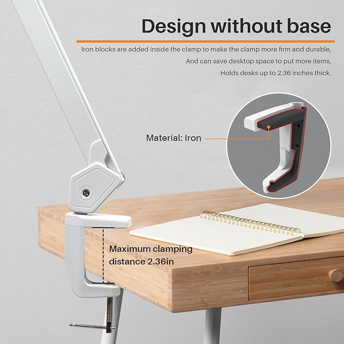 LED Architect Desk Lamp with Clamp, Metal Swing Arm 4500 Lumens Dimming Office Table Lamp for Task Work Drafting Reading Desktop, 342PCS Bright LEDs, 50W Workbench Lamp(White)