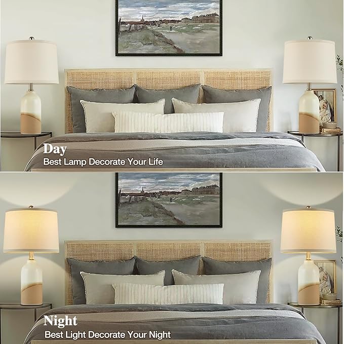 Luvkczc Ceramic Table Lamps Set of 2, 3-Color Temperature Adjustable Bedside Lamps with Line Lampshade, Nightstand Lamps for Bedroom, Living Room, Entryway Home Decor, Modern Table Lamps