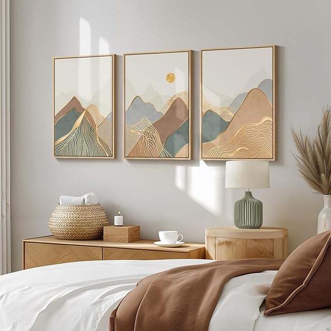 Framed Boho Mountain Wall Art for Living Room, Large Modern Canvas Nature Landscape Prints Artwork for Walls, Minimalist Sun Line Painting, Hallway, Bedroom, Kitchen, Office Wall Decor, 16x24 Inch