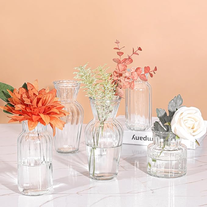 Modern Clear Glass Vase Set - 3Pcs Small Handmade Flower Vases, Decorative Mini Bud Vases for Wedding Reception, Dining Table, and Home Decor - Perfect for Single Stem Flowers