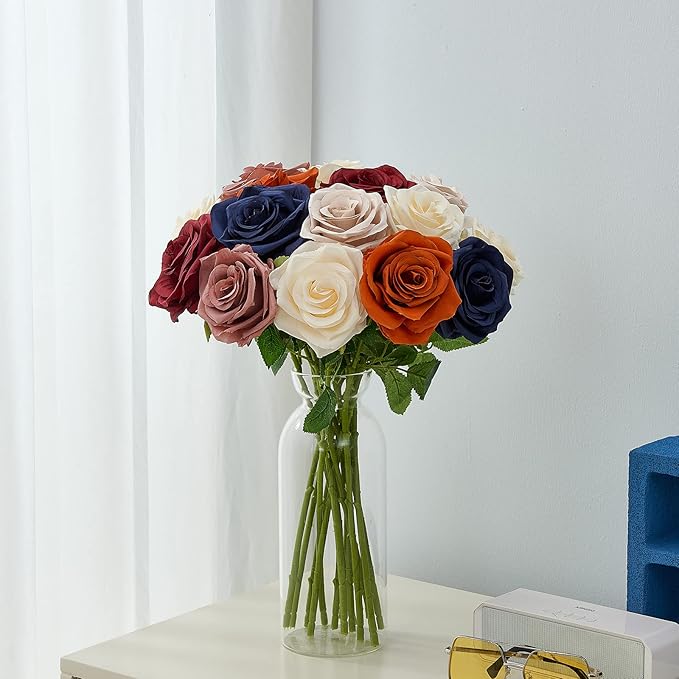 Artificial Navy Blue Flowers Silk Roses Long Stems Fake Bridal Wedding Bouquet for Home Garden Party Floral Decor 15pcs(VASE is NOT Included)