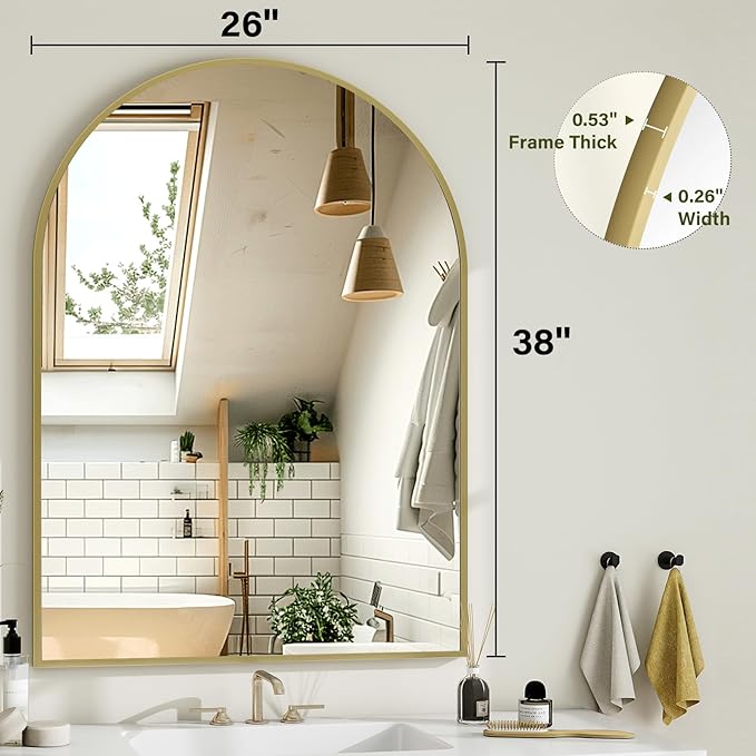 Arch Bathroom Mirror, 26x38 inch Arched Bathroom Mirror/Wall Mounted Vanity Mirror - Arch Metal Frame Wall Mirror for Bathroom Bedroom Living Room, Gold