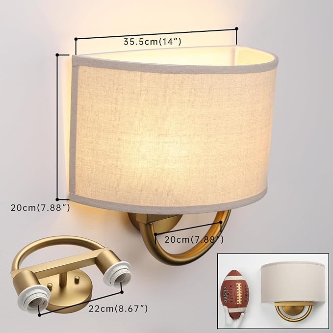 Industrial 2-Lights Wall Sconce Fixtures with Linen Fabric Shade, Double Wall Light Lamps Decor for Hallway Bedroom Living Room Bathroom Stairway