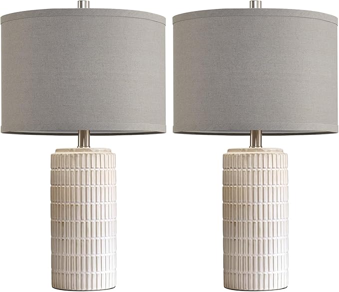 23" Set of 2 Ceramic Table Lamps, Farmhouse Bedside Lamp for Bedroom Living Room Nightstand Entryway, Side Table Lamps Modern Desk Lamp, 2 LED Bulbs Included (Gray)