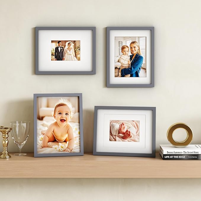 Egofine 11x14 Picture Frames 4 Pack Display Pictures 5x7/8x10 with Mat or 11x14 Without Mat Made of Solid Wood Covered by Plexiglass for Table Top Display and Wall Mounting Photo Frames, Dark Gray
