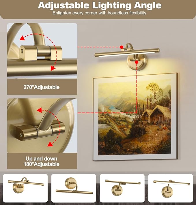 Modern Dimmable Picture Lights for Wall 15.75 Inch Hard-Wired LED Picture Frame Lights for Paintings Gallery Light with Adjustable Swing Arm Display Lights For Artwork, 7W, 2700K, Warm White - Brass
