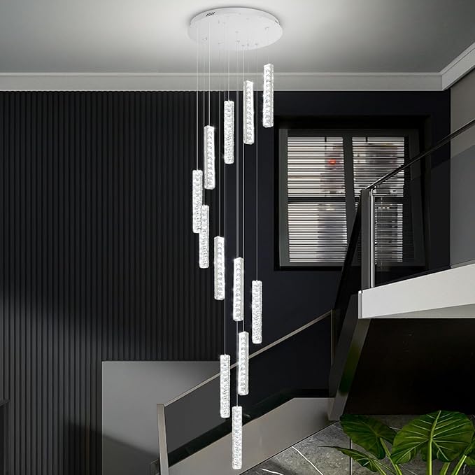 IDEQU Modern LED 120inch Long Spiral Staircase Crystal Chandelier High Ceiling Chandelier Lighting for Foyer Hallway 12-Light Silver Dimmable 2700K-6000K